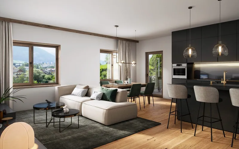 Wohnhaus Ranner – Innenansicht Wohnzimmer, Visualisierung