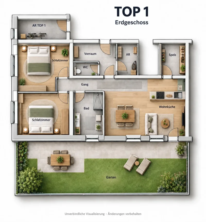 Grundriss TOP 1 im Erdgeschoss: Wohnküche, zwei Schlafzimmer, Bad, WC, Speis, Abstellraum und Garten