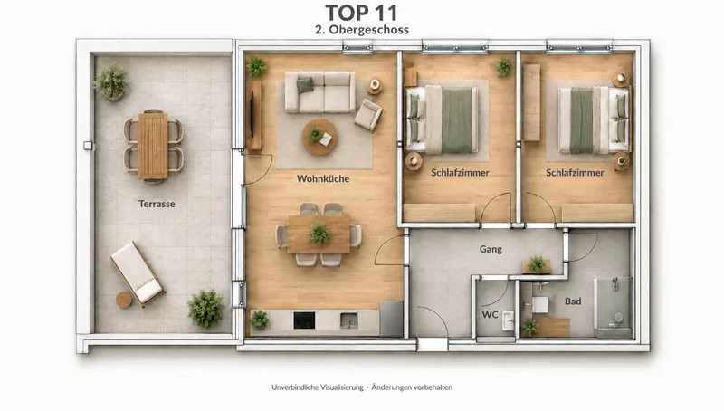 Grundriss TOP 11 im 2. Obergeschoss: Wohnküche, zwei Schlafzimmer, Bad, WC und große Terrasse