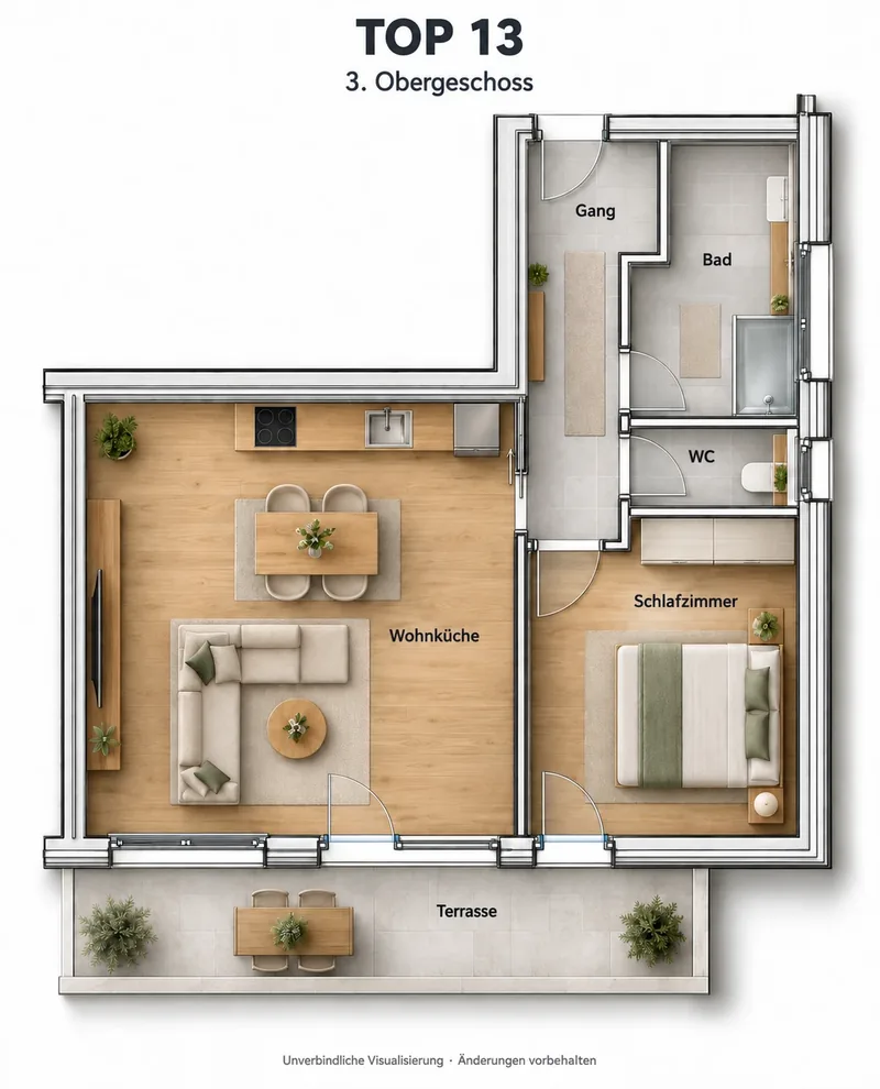 Grundriss TOP 13 im Dachgeschoss (3. Obergeschoss): Wohnküche, Schlafzimmer, Bad, WC und Terrasse