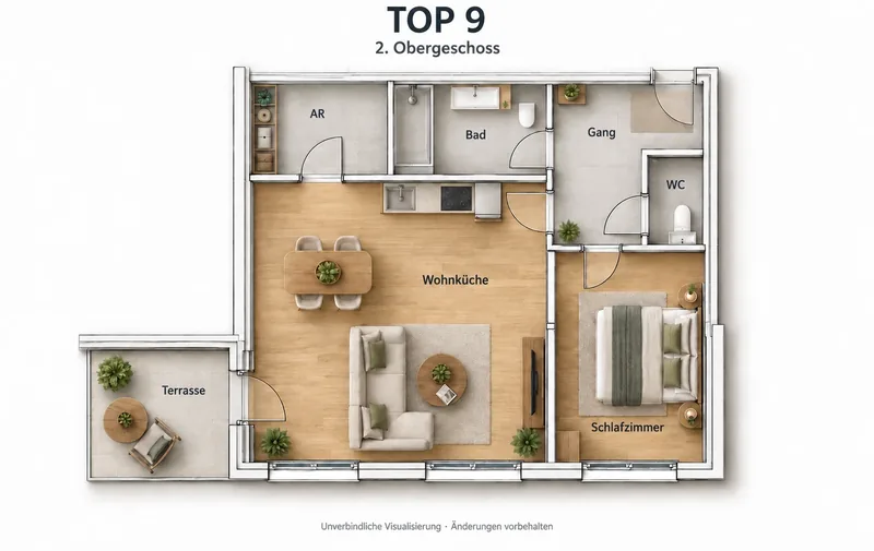 Grundriss TOP 9 im 2. Obergeschoss: Wohnküche, Schlafzimmer, Bad, WC, Abstellraum und Terrasse